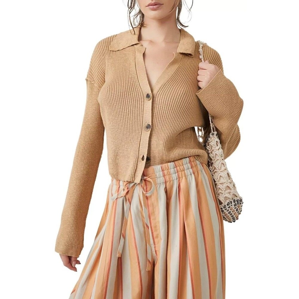 NWT Free People Ella Button-Up Sweater Iced Coffee Women’s S Ribbed Slouchy